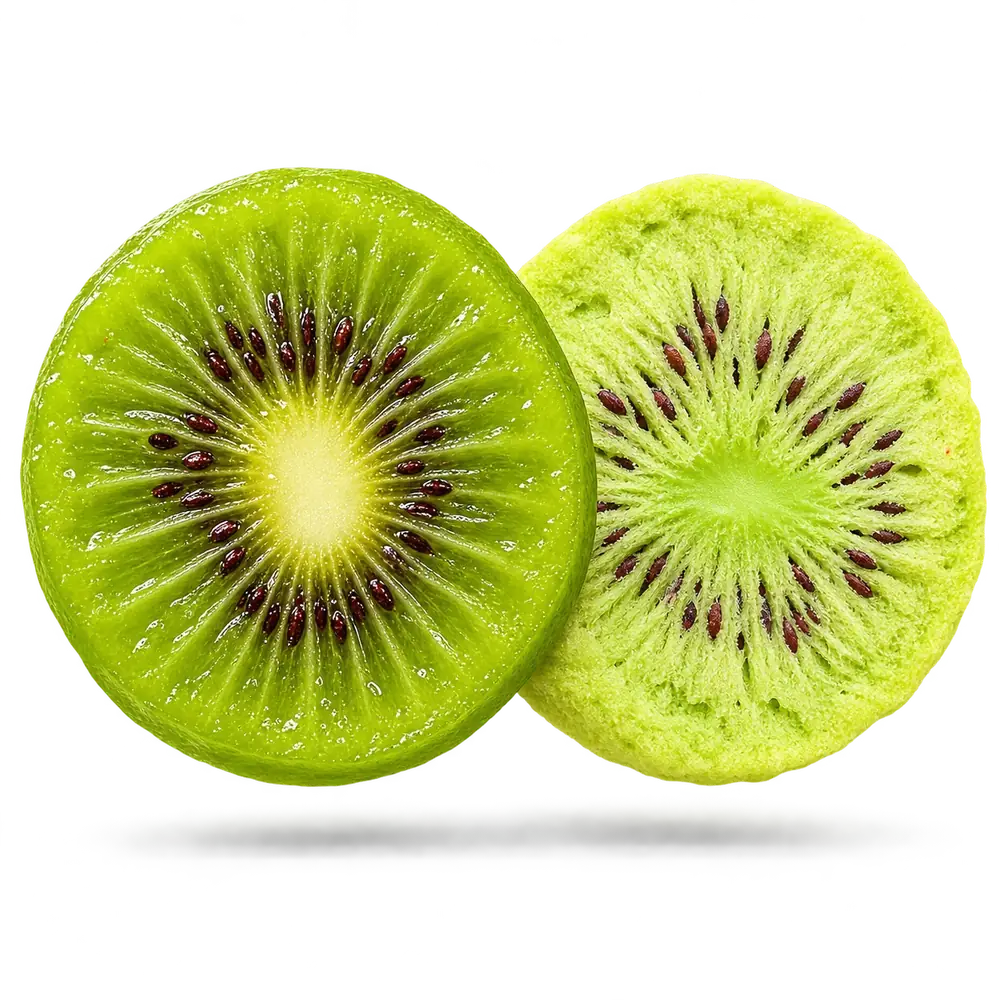 Comparação: kiwi fresco e kiwi liofilizado
