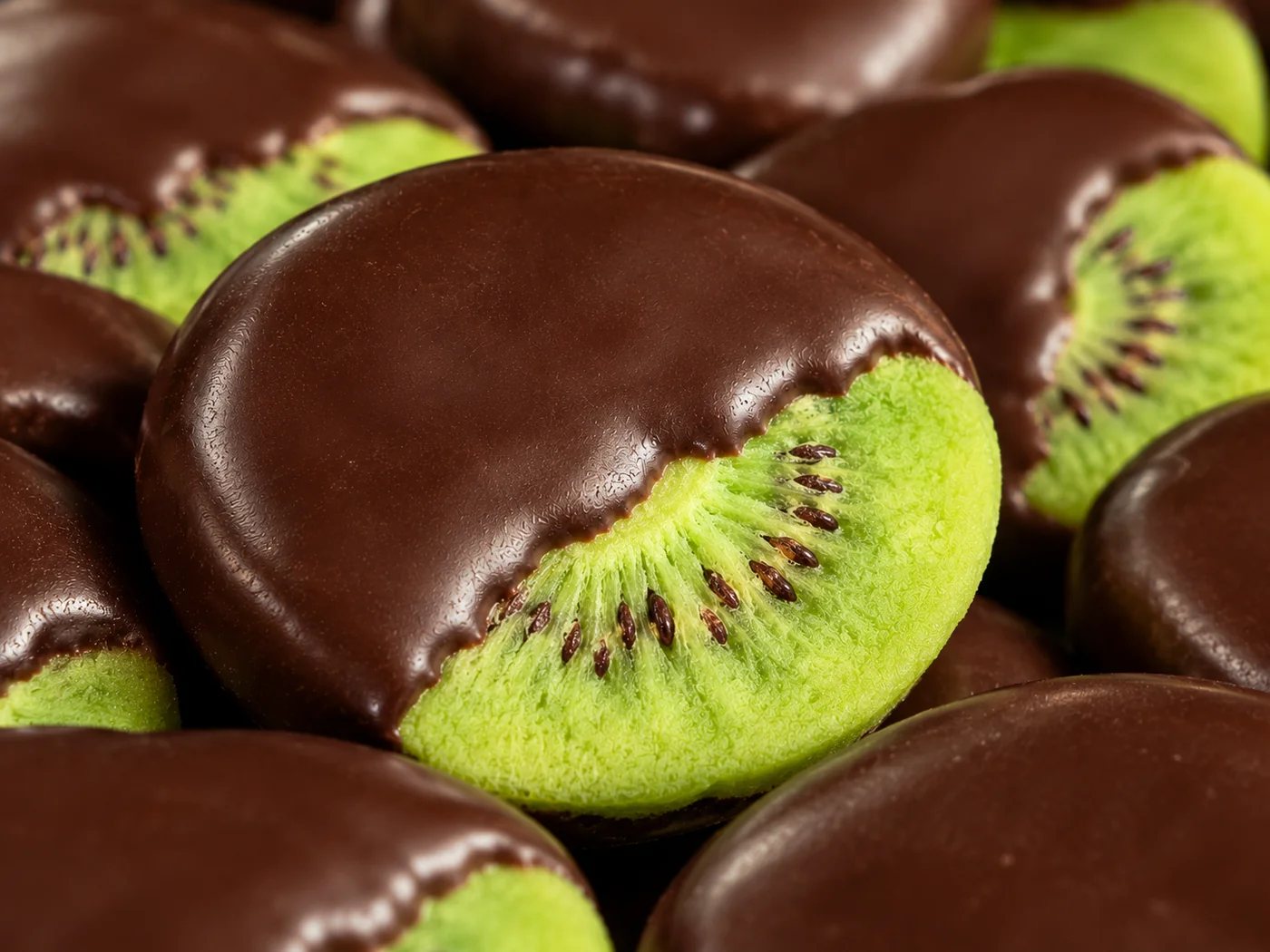 Kiwi liofilizado drageado coberto com chocolate